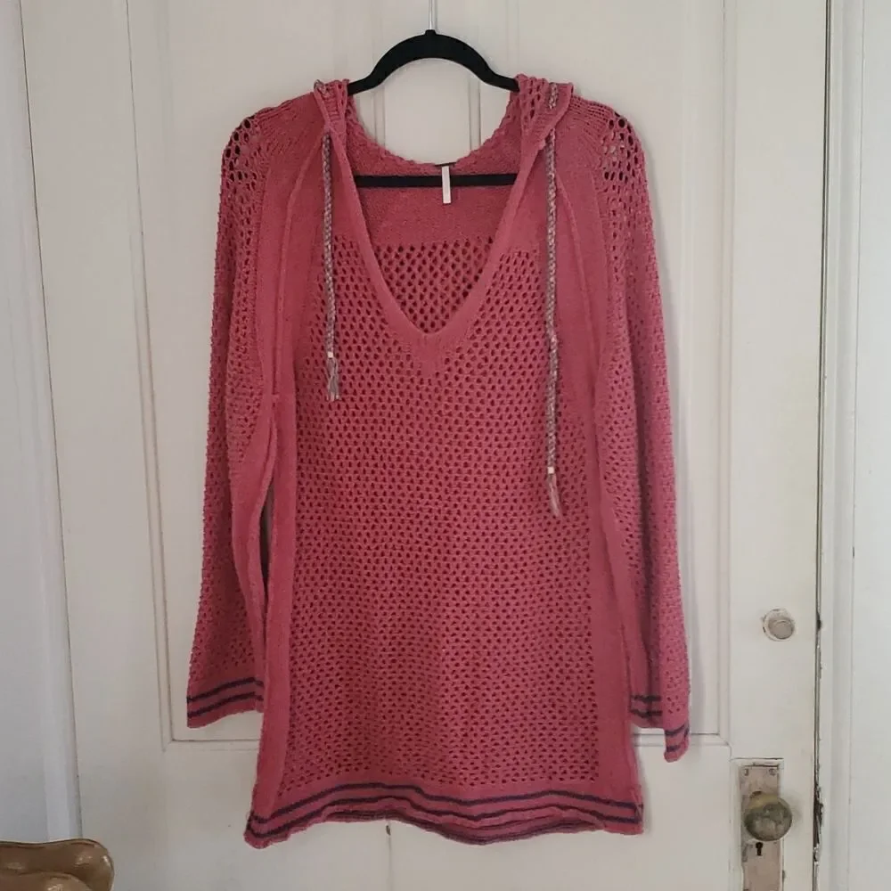Free People Net Knit Hooded Sweater